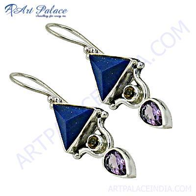 Luxurious Amethyst, Citrine & Lapis Gemstone Silver Earrings