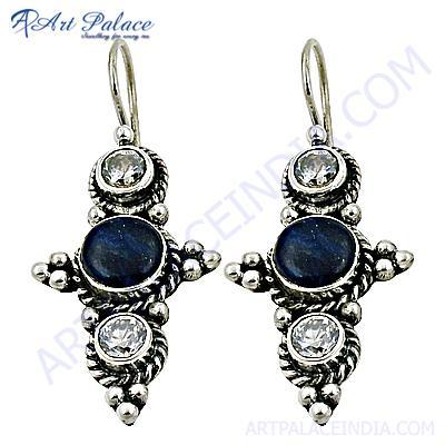 Ethnic Designer Cubic Zirconia & Lapis Lazuli Gemstone Silver Earrings