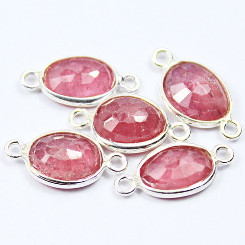 5 Pcs - 14-15mm- Natural Pink Sapphire Faceted Bezel 925 Sterling Silver Connectors