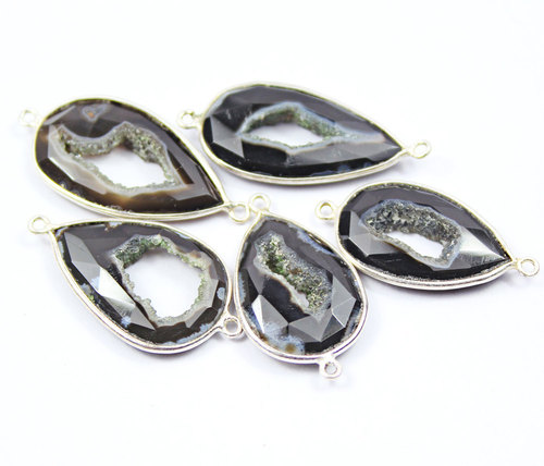 5 Pcs - 27-32mm - Natural Black Druzy Faceted Pear Drop 925 Sterling Silver Bezel Connectors