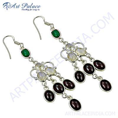 Precious Antique Multi Stone Gemstone Silver Earrings