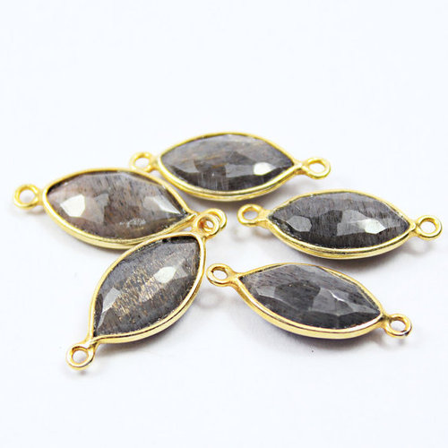 5 Pcs - 20-21mm - Natural Black Sunstone Faceted Puff Marquise 925 Sterling Gold Connector