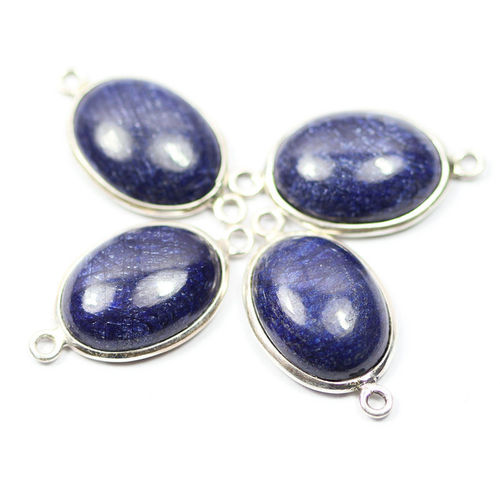 4 Pcs 27mm Natural Blue Sapphire Smooth Oval Cabochon Silver Connector