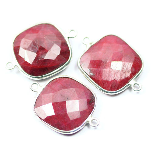 3 Pcs 27mm Natural Red Ruby .925 Sterling Silver Connector - Handmade, Checker Cut, Elegant Design