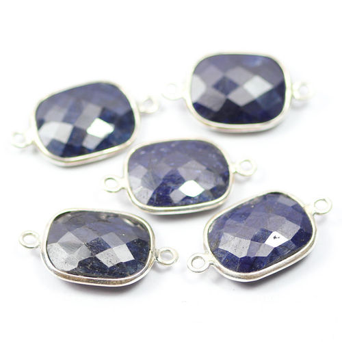 5 Pcs 25mm Natural Blue Sapphire Faceted Checker Cut 925 Silver Connector Bezel