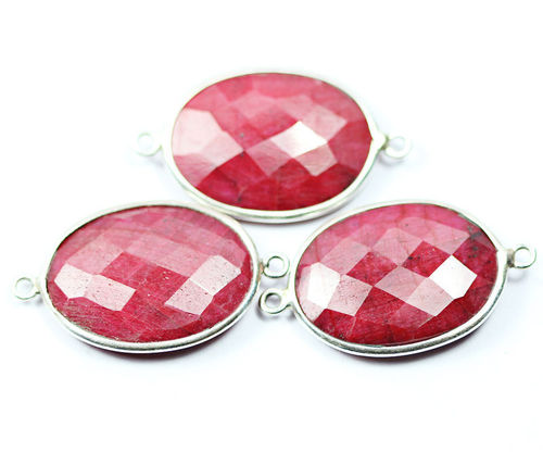 3 Pcs. 34mm Natural Red Ruby Oval Checker 925 Silver Connector Bezel