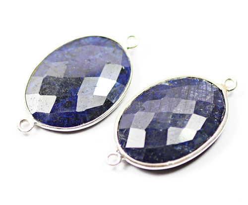 2 Pcs. 33mm Natural Blue Sapphire Oval Checker 925 Silver Connector Bezel
