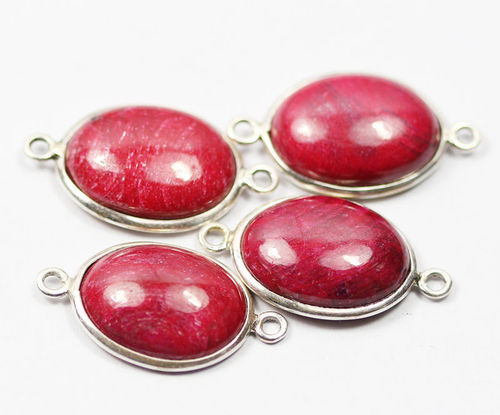 4 Pcs. 26mm Natural Red Ruby Oval Cabochon Plain 925 Silver Connector Bezel