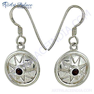 Ethnic Designer Gemstone Silver Earrings With Garnet