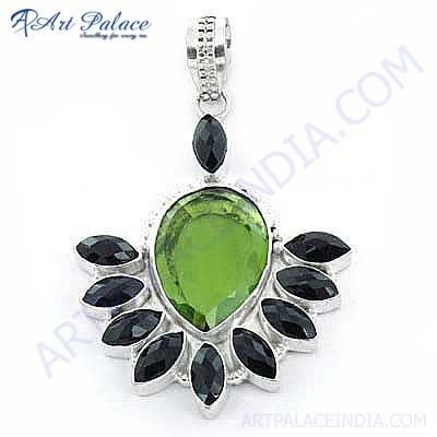 Latest Fashionable Black Onyx & Peridot Gemstone Silver Pendant