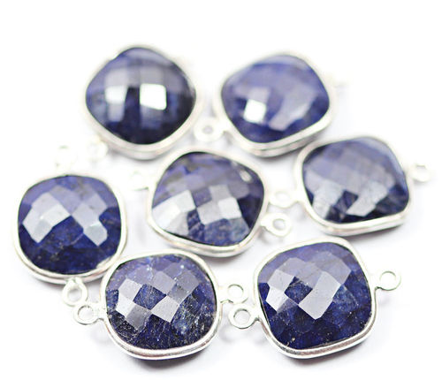 7 Pc 23mm Natural Blue Sapphire Square Checker 925 Silver Connector Bezel