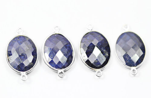 4 Pcs. 28mm Natural Blue Sapphire Oval Checker 925 Silver Connector Bezel