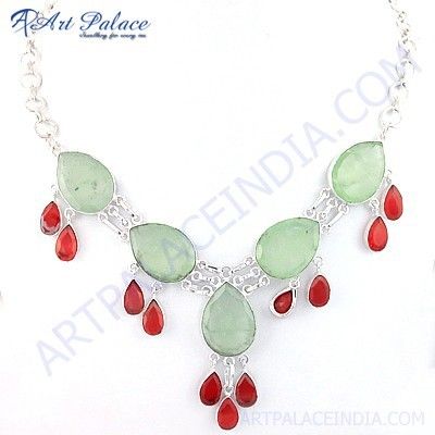 Premium Designer Carnelian & Prenite Gemstone German Silver Necklace