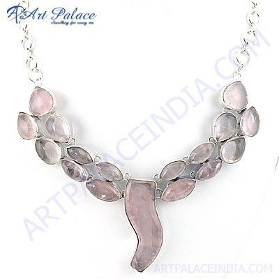 Romantic Rose Quartz Gemstone German Silver Necklace Jewelry