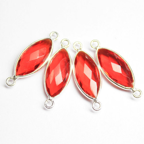 2 Pairs - Cherry Red Green Hydro Quartz Marquise Rim Silver Handmade Connector - 22mm x 8mm