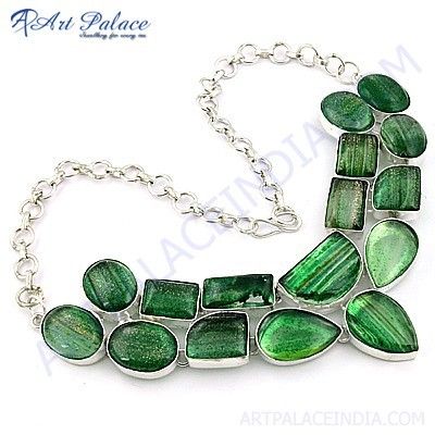 Costume Jewelry, Green Glass Gemstone German Silver Necklace