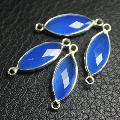 2 Pairs - Blue Chalcedony Marquise Rim Silver Handmade Connector - 22mm x 8mm