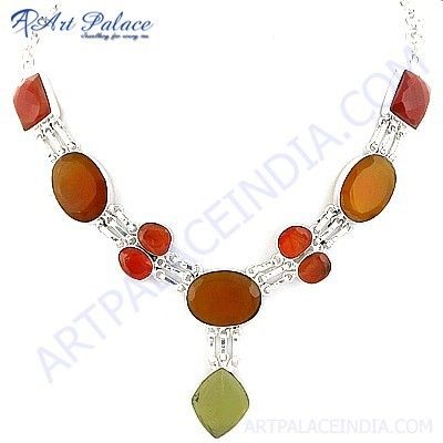 Fantastic Fashionable Lemon Quartz & Red Onyx Gemstone German Silver Necklace