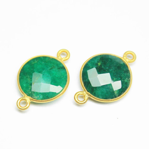 Natural Green Emerald Faceted Flat Coin Metal Gold Plated Connector - 2 Pcs Pair - 19.5x13mm