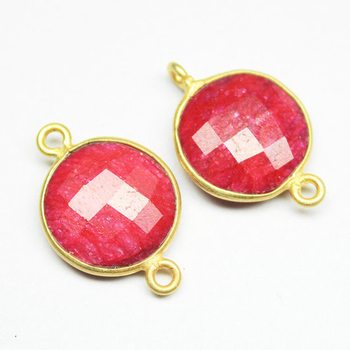 Natural Red Ruby Faceted Flat Coin Metal Gold Plated Bezel Connector - 2 Pcs Pair - 19.5x12.5mm