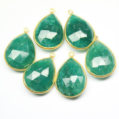 2 pc - 24mm - Natural Green Emerald Faceted Pear 925 Sterling Silver Gold  Connector