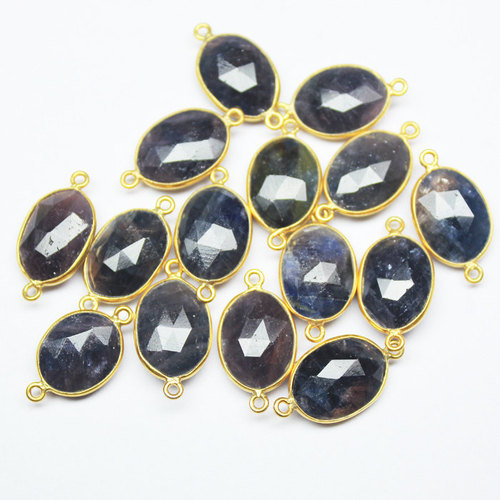 2 pc PAIR - 20mm - Natural Untreated Sapphire Oval 925 Sterling Silver Gold  Connector