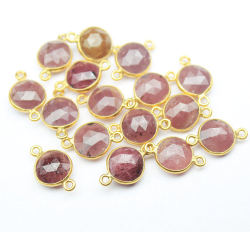 2 pc PAIR -14mm - Natural Pink Sapphire Round 925 Sterling Silver Gold  Connector
