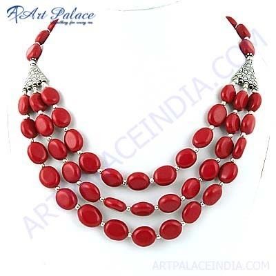 New Arrival Synthetic Coral Gemstone German Silver Necklace