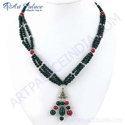 Premium Designer Dyed Ruby & Dyed Emerald Gemstone German Silver Necklace By ART PALACE