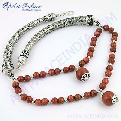 Truly Designer Synthetic Brown Sandstone Gemstone German Silver Necklace