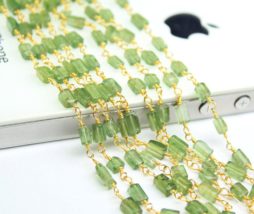 14 Inches Natural Green Apatite Smooth Rectangle Beads Gold Vermeil Link Chain