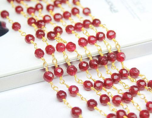 14 Inches Natural Red Jade  Faceted Round Cut Beads Gold Vermeil Link Chain