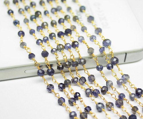 14 Inches Natural Iolite Faceted Roundel Beads Gold Vermeil Link Chain