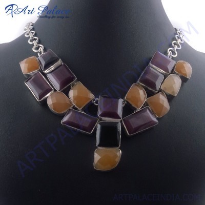 Cool Aqua Calchydony, Black Onyx & Purple Glass German Silver Necklace