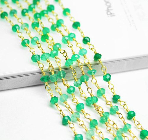 14 Inches Natural Shaded Green Onyx Faceted Roundel Beads Gold Vermeil Link Chain - 3mm Size, Elegant Design, Jewelry Making