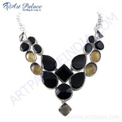 Sensational Black Onyx, Crystal & Lemon Quartz Gemstone German Silver Necklace