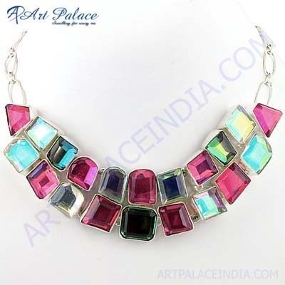 Charming Drusy Glass & Pink Glass German Silver Necklace