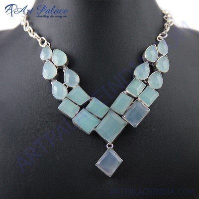 Pretty Aqua Calchydony German Silver Necklace