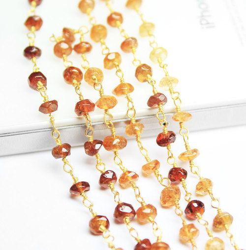 14 Inches Natural Hessonite Shaded Smooth Roundel Beads Gold Vermeil Link Chain
