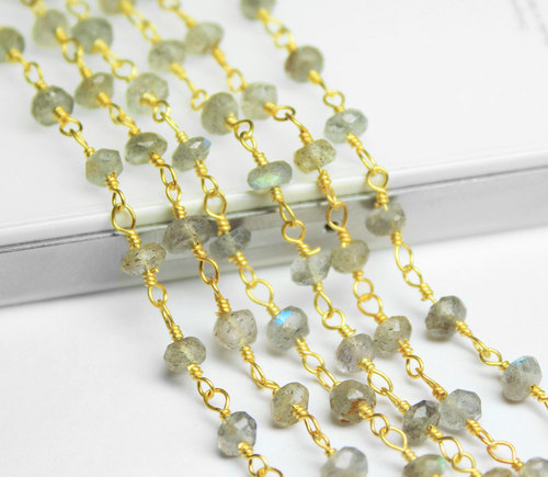 14 Inches Natural Blue Flash Labradorite Faceted Roundel Beads Gold Vermeil Link Chain