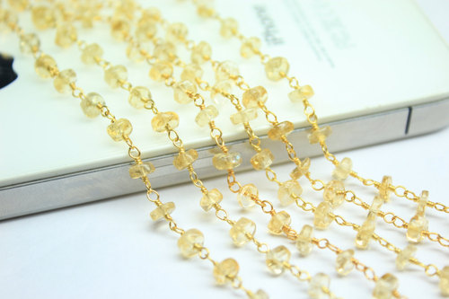 14 Inches Natural Citrine Smooth Round Tyre Beads Gold Vermeil Link Chain