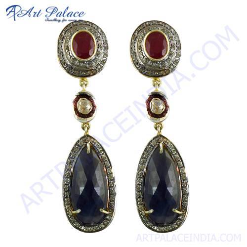 Ruby & Sapphire Gold Plated Silver Earrings Jewelry
