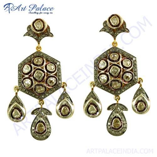 Wedding Jewelry, Victorian Gold Plated Silver Diamond Earrings