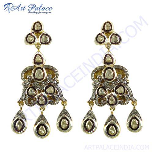 Antique Designer Gold Plated Silver Diamond Victorian Earrings