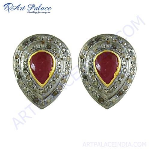 Designer Gold Plated Silver Cute Diamond & Ruby Stud Earrings