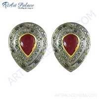 Designer Gold Plated Silver Cute Diamond & Ruby Stud Earrings