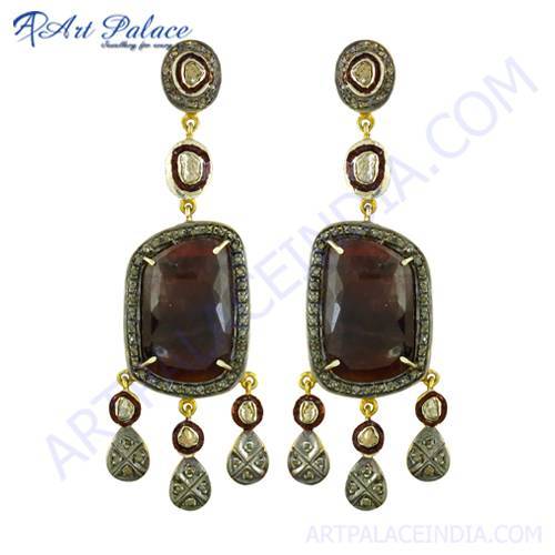 Latest Fashionable Diamond & Ruby Gold Plated Silver Earrings