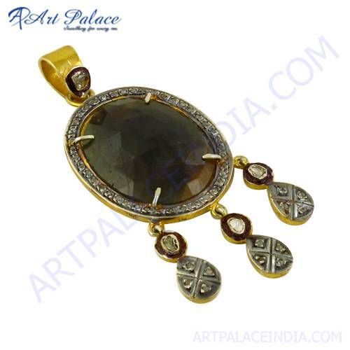 Luxurious Diamond & Sapphire Gold Plated Silver Pendant Jewelry