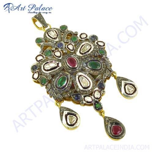 Fastival Wear Diamond, Emerald, Ruby & Sapphire Gold Plated Silver Pendant