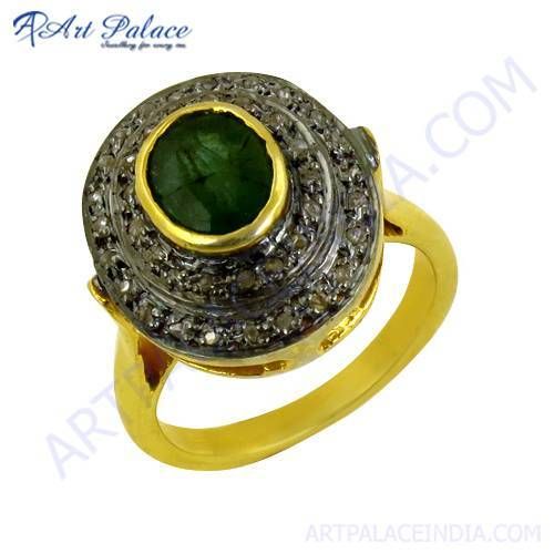 Traditional Designer Diamond & Emerald Gold Plated Silver Ring